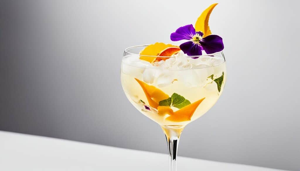 Zitruszesten und essbare Blüten auf einem Cocktail